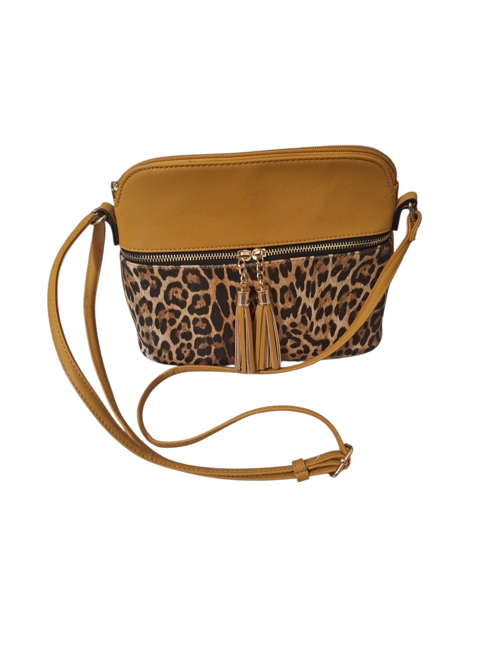 Mustard Leopard Print Crossbody Bag with Tassels